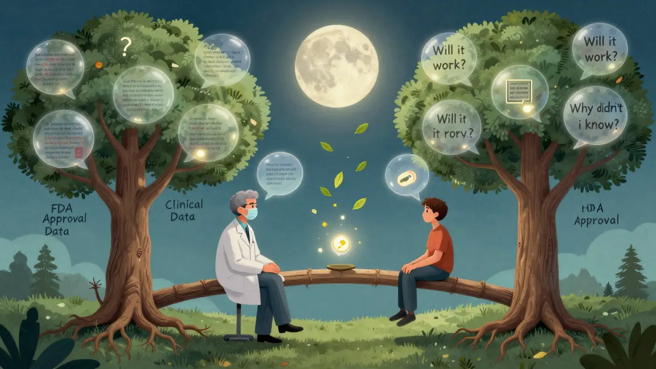 Doctor and patient as interconnected trees, bridged by dialogue bubbles showing facts and reduced costs.