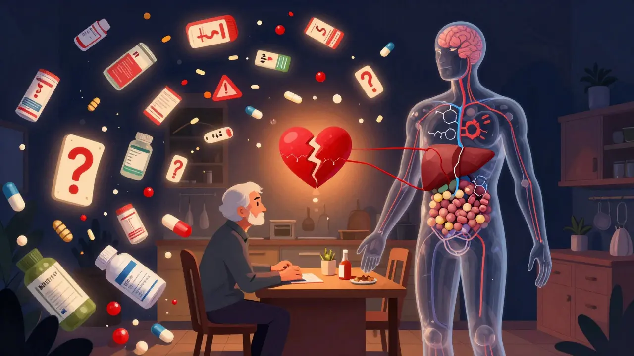 Elderly person surrounded by swirling medication labels and overlapping chemical pathways in a transparent body.