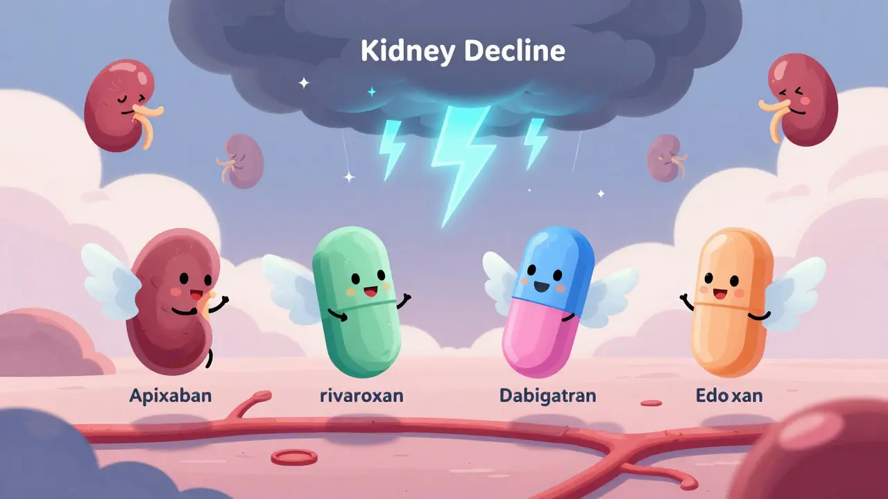 Four winged DOAC pills flying over calm kidneys and blood vessels, with a storm cloud labeled 'Kidney Decline' in the distance.