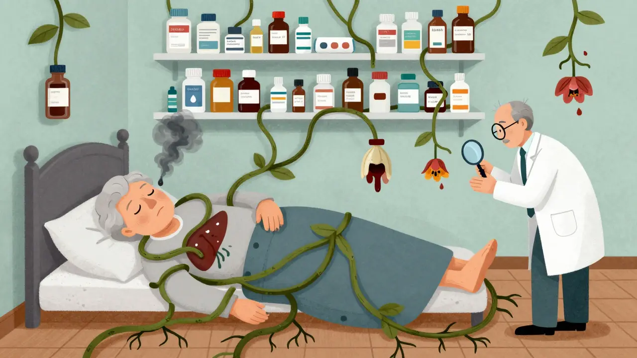 Medication bottles growing vines that wrap around a sleeping elderly person, leaking toxic smoke.