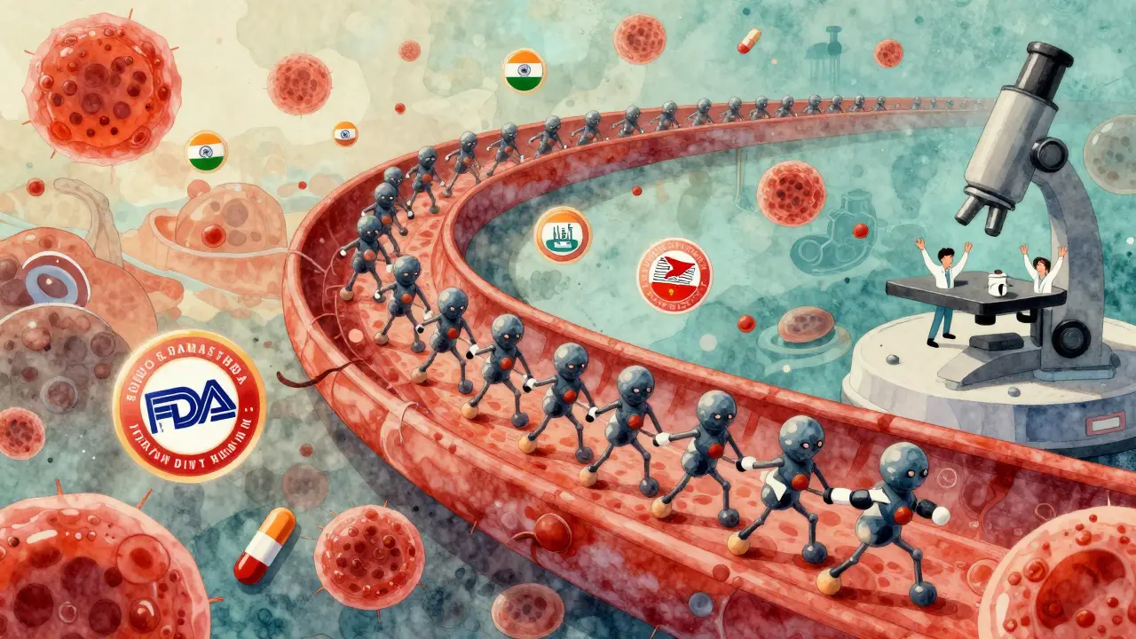 Molecular warriors marching in sync through bloodstream, FDA badges and global factories floating nearby, surreal blood cell textures.