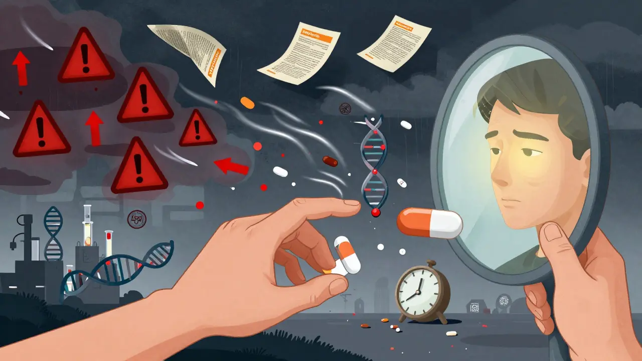 Patient's hand reaching for a pill that mirrors their healthy face, while data streams and FDA seals dissolve warning symbols into confetti.