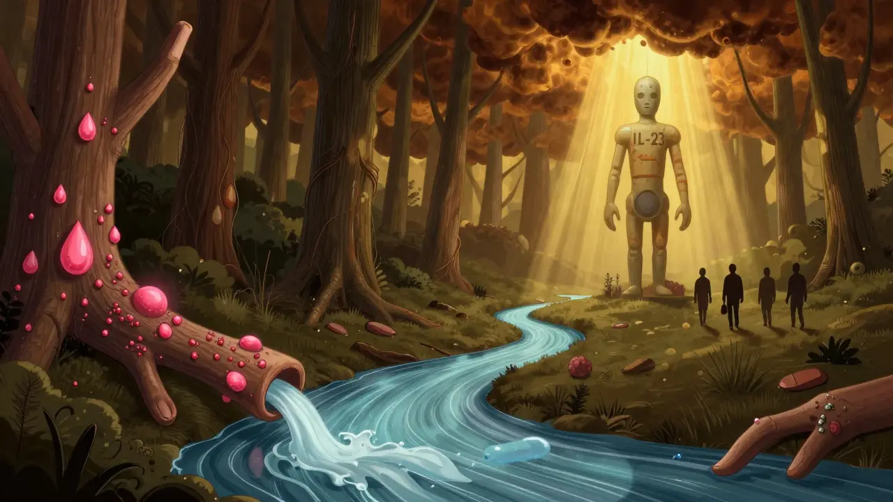 Surreal landscape of a medication river flowing through hair and nails, with an IL-23 inhibitor statue blocking inflammation clouds.