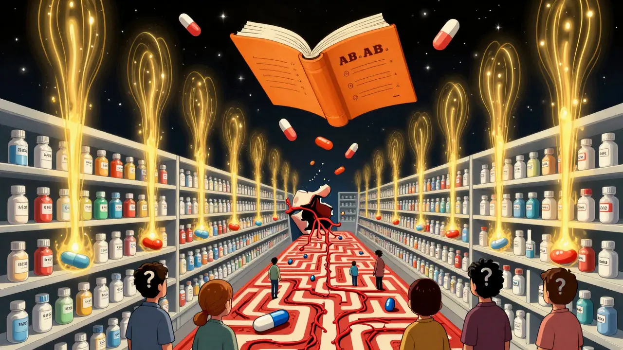 Surreal pharmacy shelf with pills emitting matching golden absorption waves, surrounded by floating FDA AB ratings.