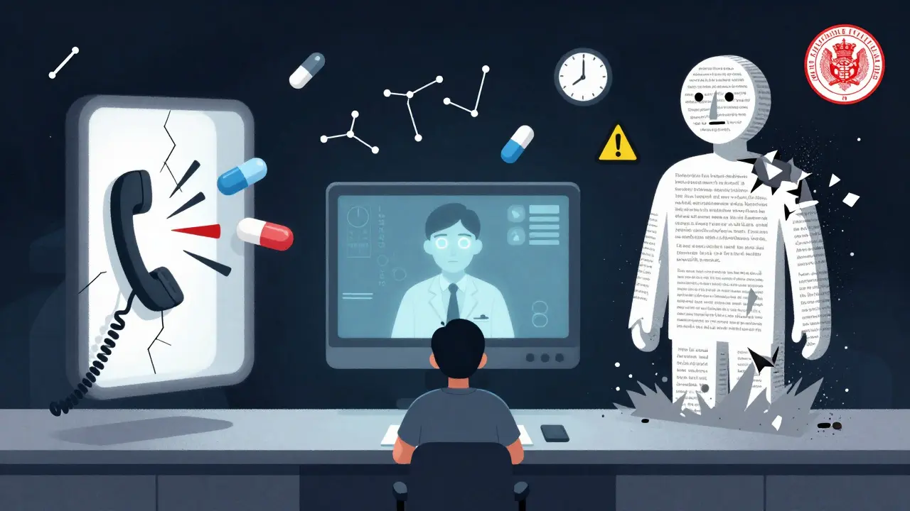 Three interpretive portals hover above a patient, with medical symbols floating like stars and a federal seal watching overhead.