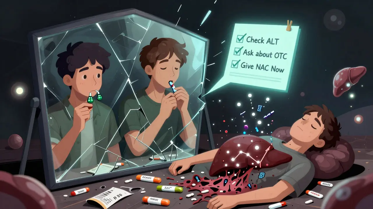 Three versions of a person consuming different supplements, one unconscious as their liver explodes into toxic symbols, with a glowing medical checklist above.