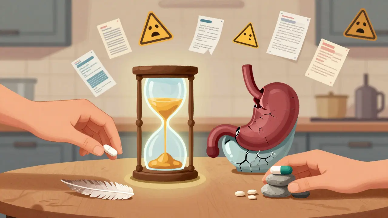 Two hands offering contrasting pain relievers beside a glowing hourglass dividing liver safety and stomach risk.