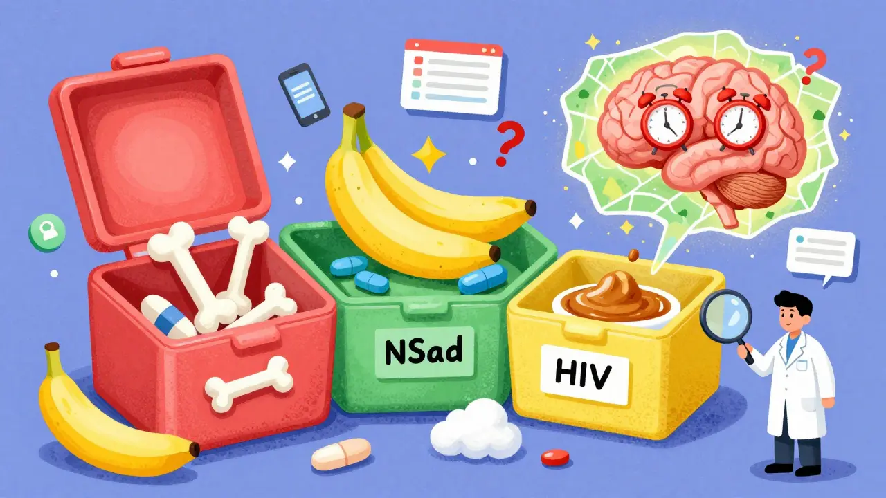 A colorful pill organizer with symbolic food items and floating alarms, representing medication timing rules.