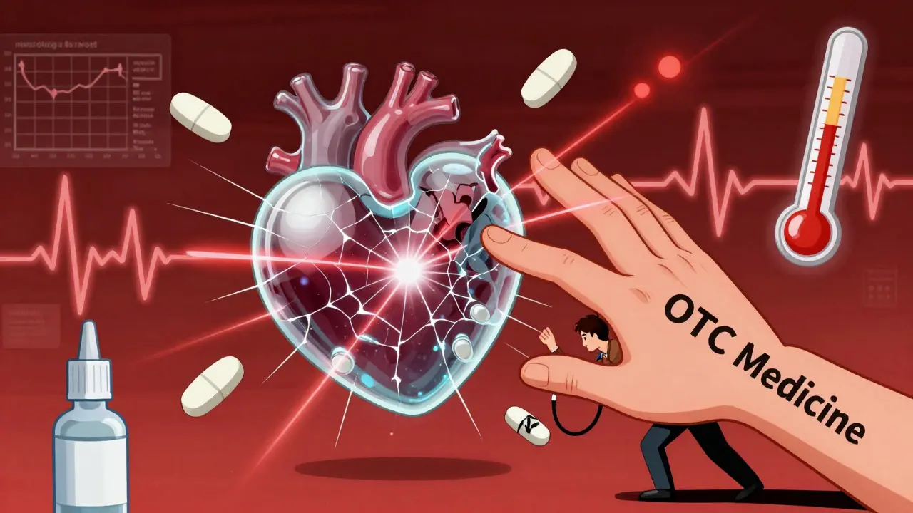 A fragile lithium-filled heart cracking under pressure from NSAID pills and a decongestant, with alarm lines radiating outward.
