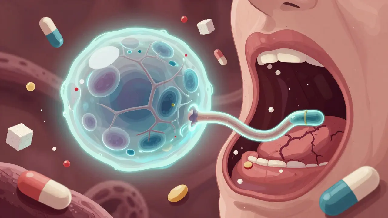 A glowing Candida yeast cell invading body membranes, surrounded by pills and sugar cubes, representing systemic overgrowth.