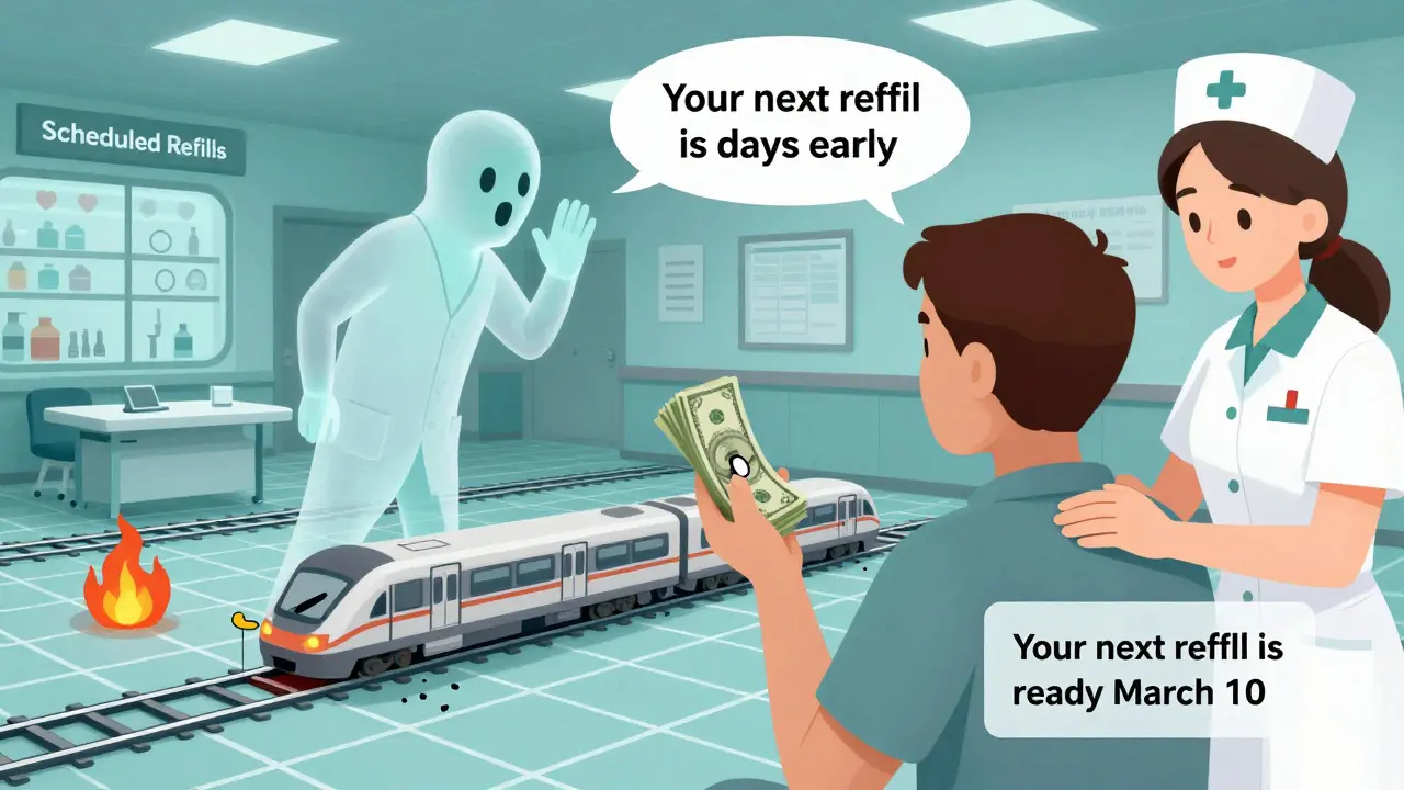 A patient offering cash for an early refill while train tracks labeled 'Scheduled Refills' run on time, with a nurse offering a text reminder.