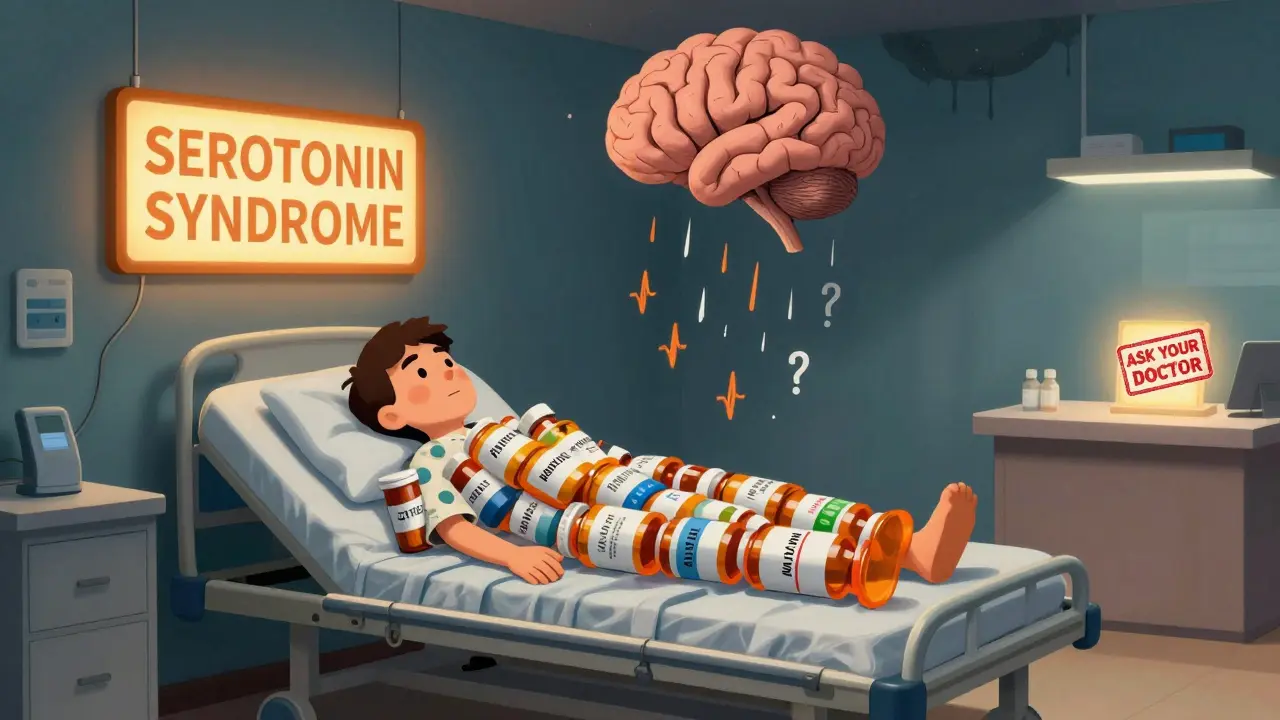 A patient on a bed of prescription bottles beneath a brain-shaped storm cloud raining symptoms of serotonin syndrome.