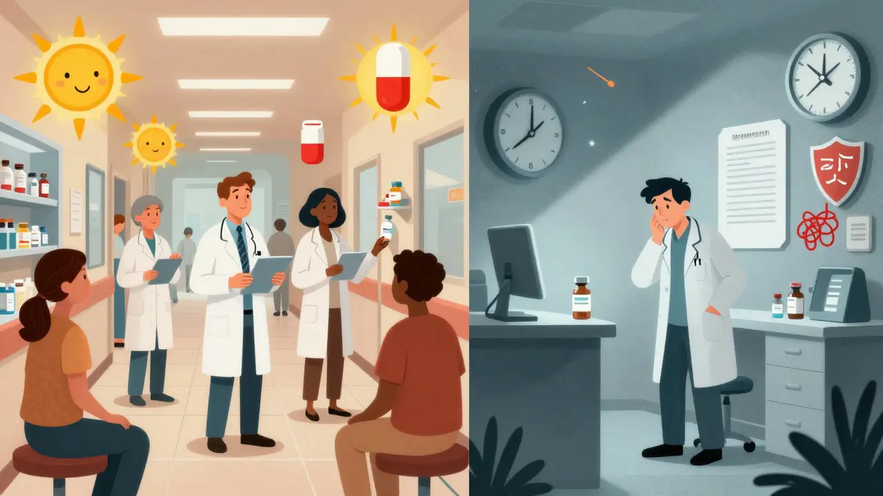 A split scene showing Europe's seamless biosimilar adoption versus U.S. confusion with legal barriers and tangled documents.