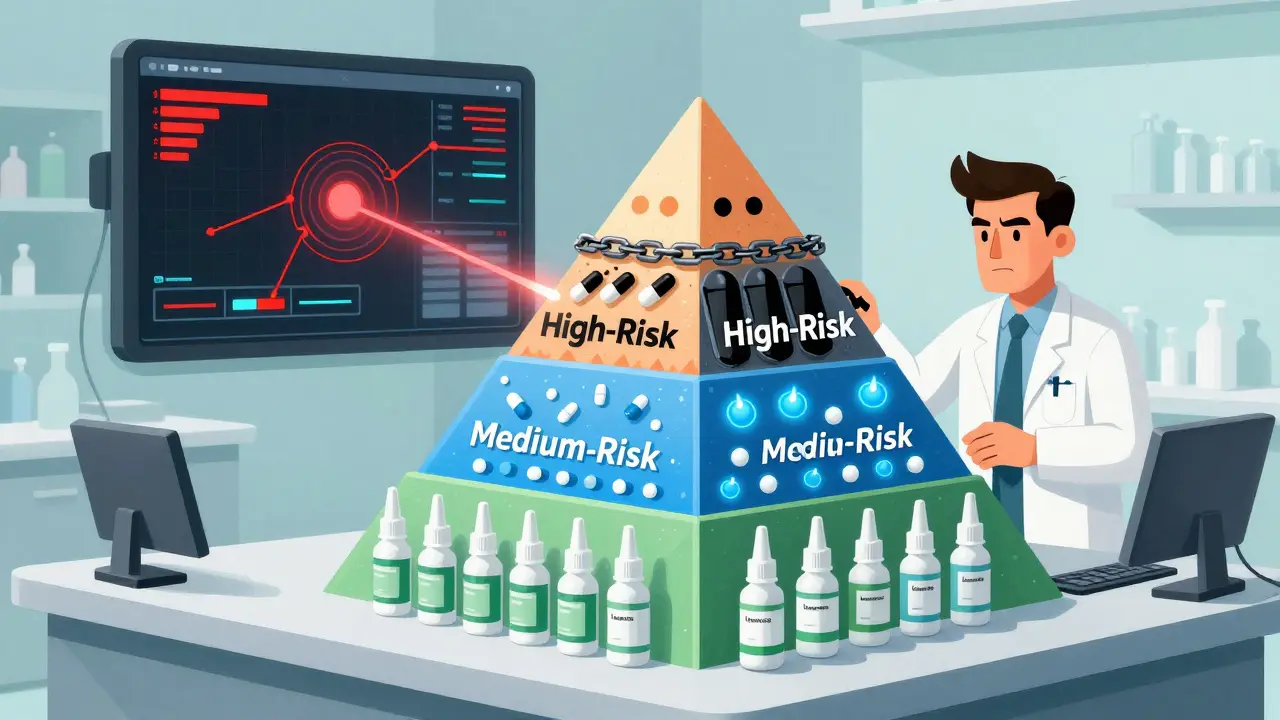 A three-tiered pyramid of medications guarded by a pharmacist, with an EHR screen above displaying interconnected pharmacy alerts.