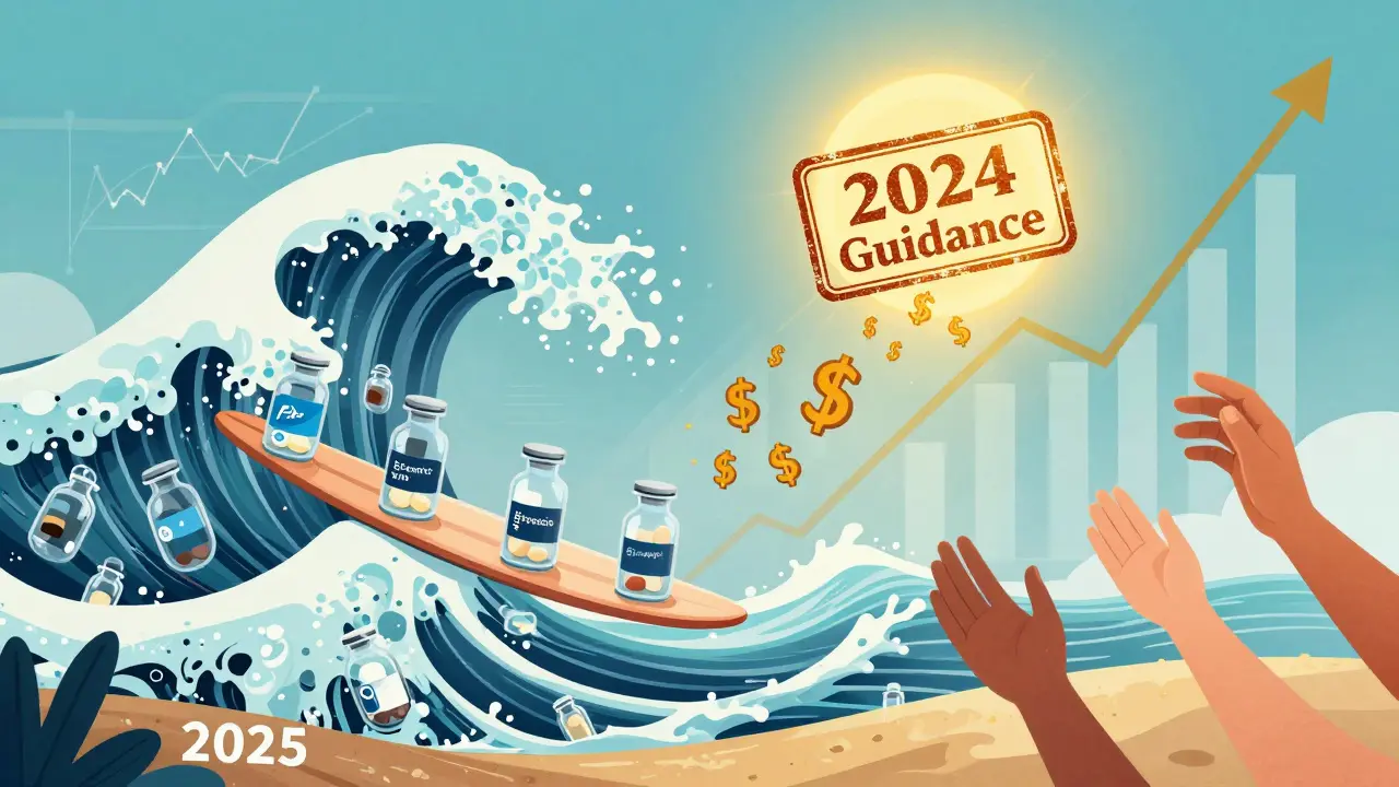 A wave of biosimilar vials crashing onto a shore labeled 2025, with FDA guidance glowing above as patients reach out.