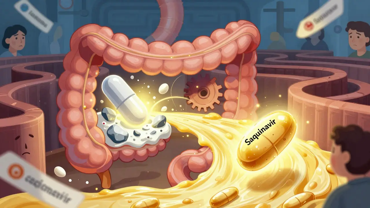 An abstract digestive system with pills interacting with food elements like rocks and butter rivers.