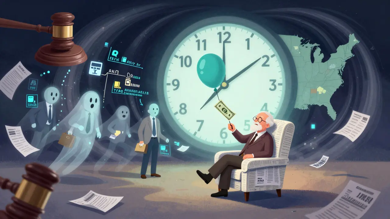 An elderly person floating on tax forms, surrounded by glowing regulatory clocks and dissolving figures in a neon haze.
