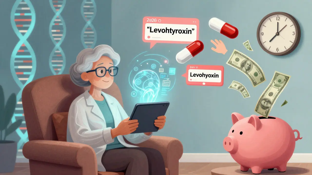 An elderly woman receives a holographic pharmacist made of data streams, with personalized DNA-based med recommendations floating around her.