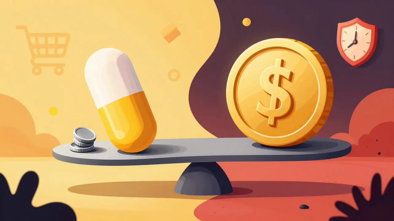 Floating scale balances tiny coin low cost pill vs large coin high cost pill.