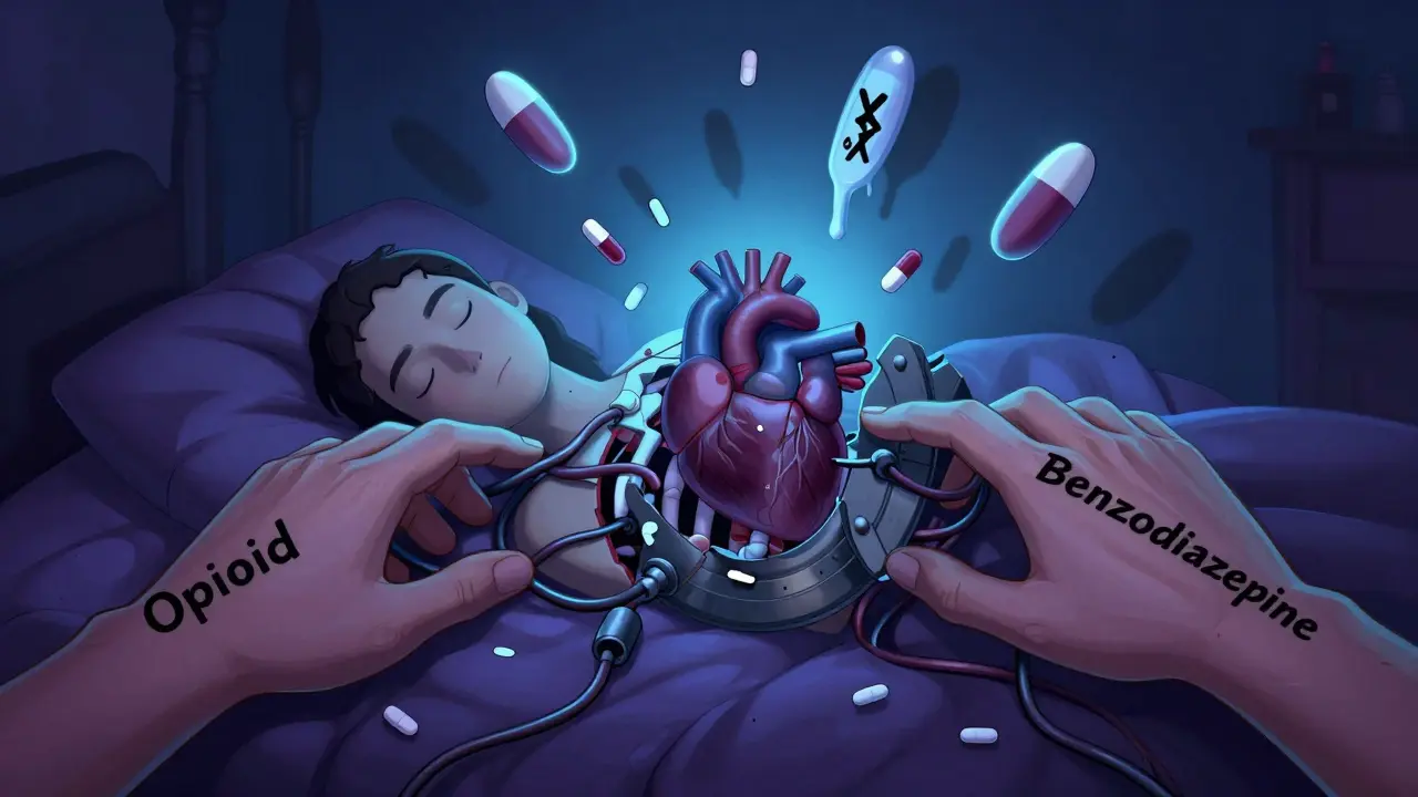 Opioid and benzodiazepine hands pulling apart a sleeping person's ribcage, revealing a broken brake pedal.