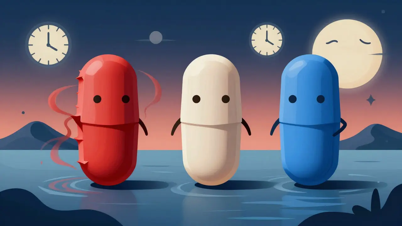 Three statin pills as characters causing chaotic or calm dream swirls