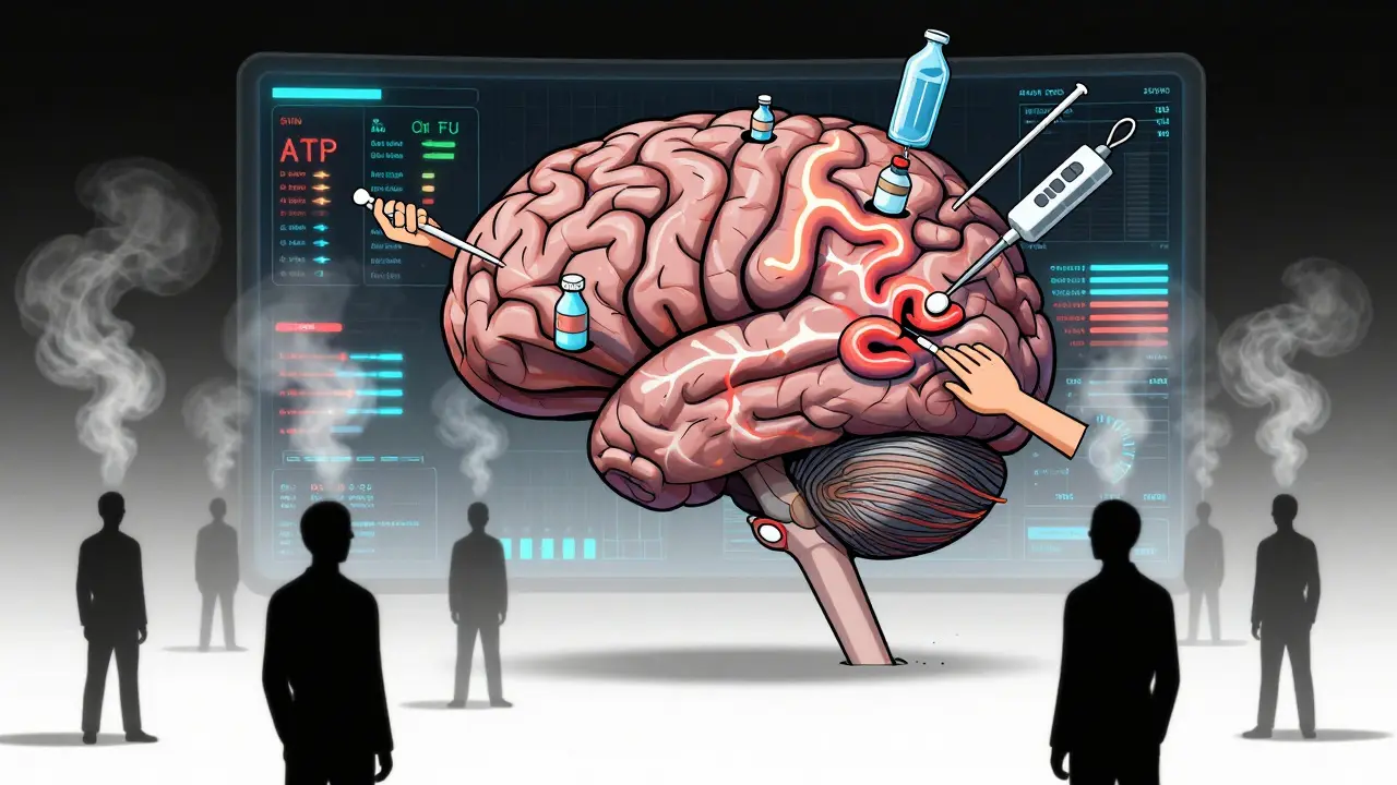 A brain-shaped dashboard pulses with real-time monitoring data, battling human complacency in manufacturing safety.