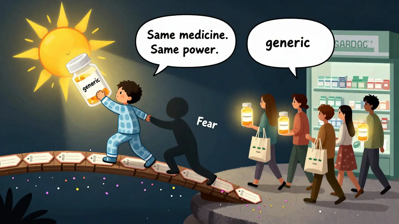 A child stands on a bridge of dissolving price tags, holding a generic medicine bottle as light shines from above.