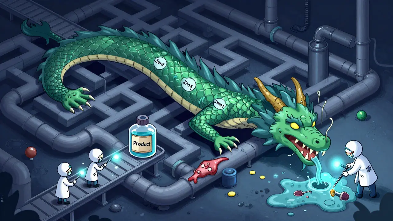 A dragon-shaped facility leaks contamination, while scientists use glowing tools to heal it, representing proactive contamination control.