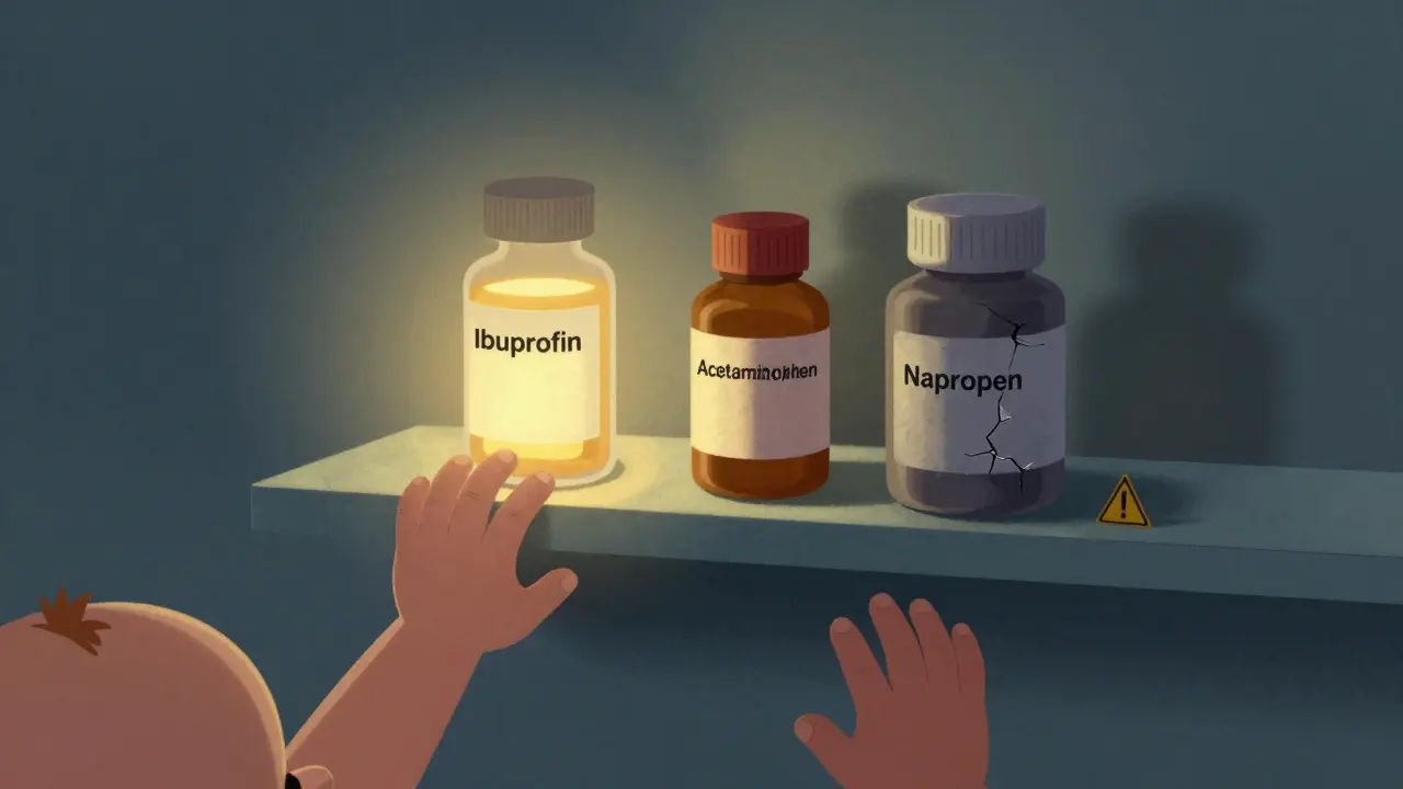 A floating pharmacy shelf with glowing safe medications and shadowy dangerous ones, as baby hands reach toward the safe options.