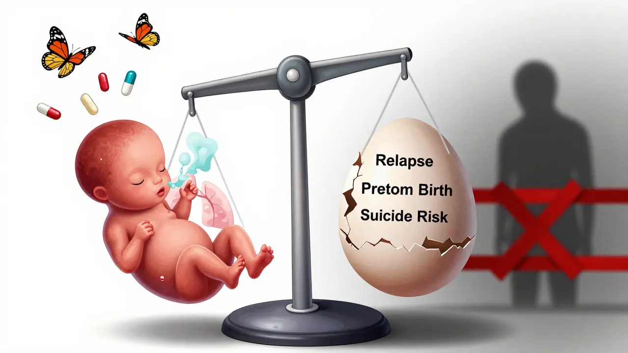 A medical scale comparing SSRIs to risks of untreated depression, with sertraline pills and a fragile fetus on one side.
