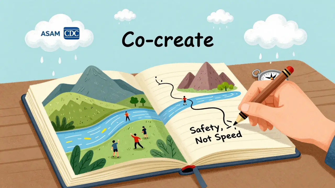 A patient's journal becomes a landscape of symptoms, with a hand drawing a safe path guided by a compass marked 'Safety, Not Speed'.