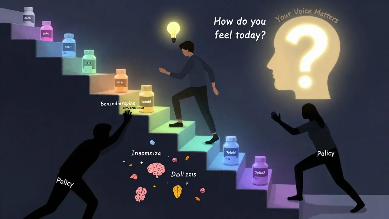 A person climbing a staircase of pill bottles, with floating withdrawal symptoms below and a glowing question mark above saying 'Your Voice Matters'.