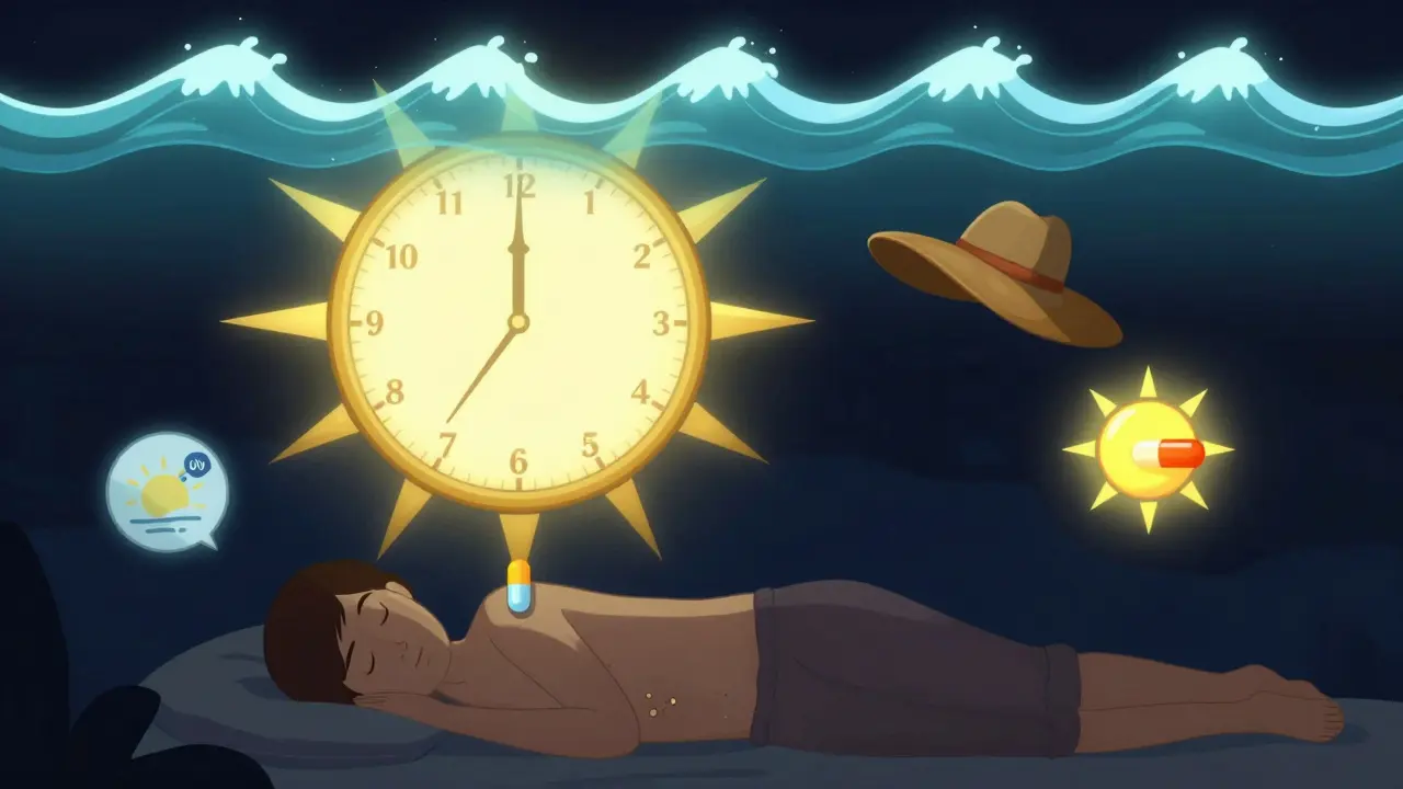 A person sleeping at night as a pill descends into them, while sun rays pass harmlessly above, symbolizing nighttime antibiotic dosing.