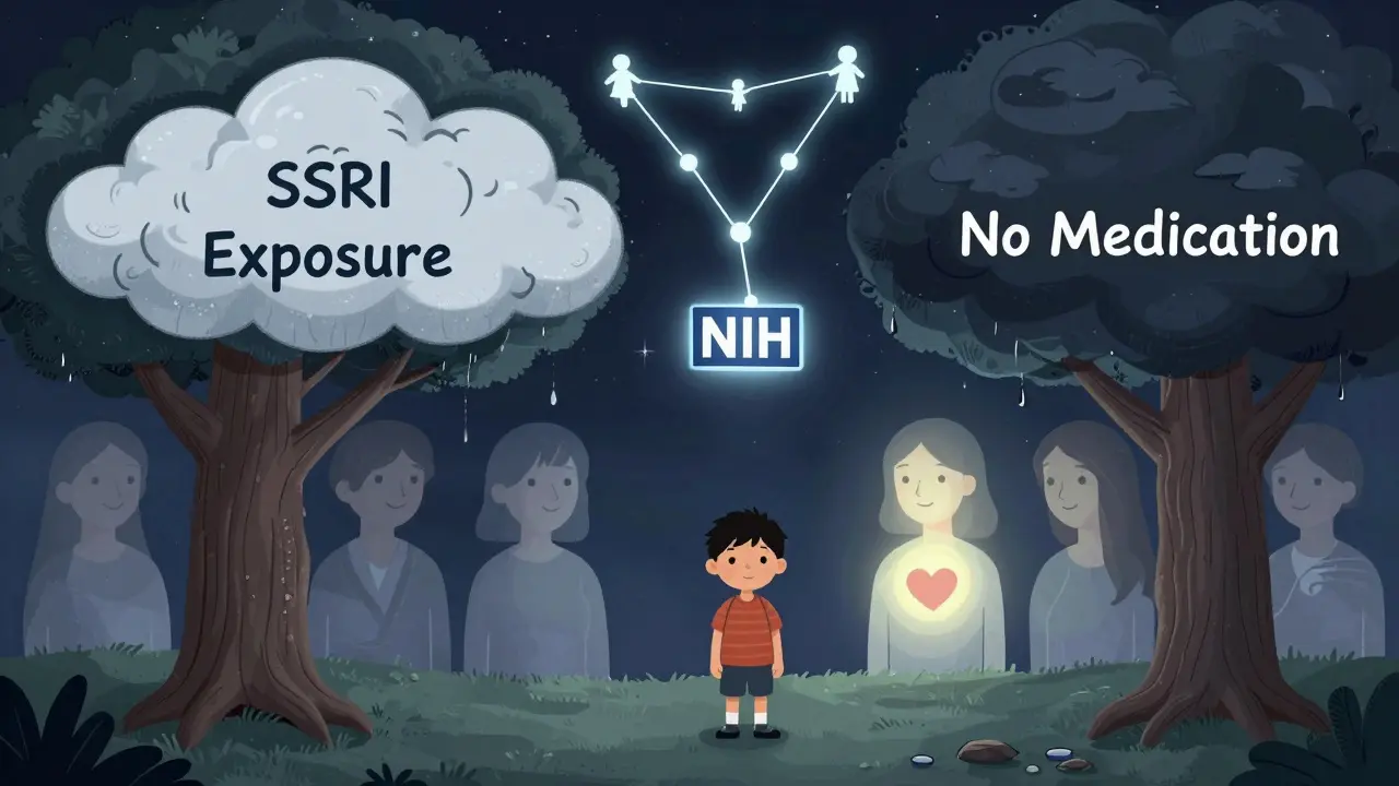 A teenager under two branches representing SSRI exposure vs. no medication, with maternal love glowing behind.