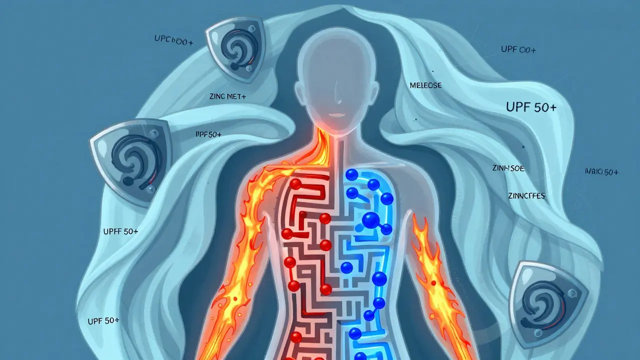 A translucent human figure with glowing UVA pathways and chemical molecules, surrounded by protective elements like fabric and shields.
