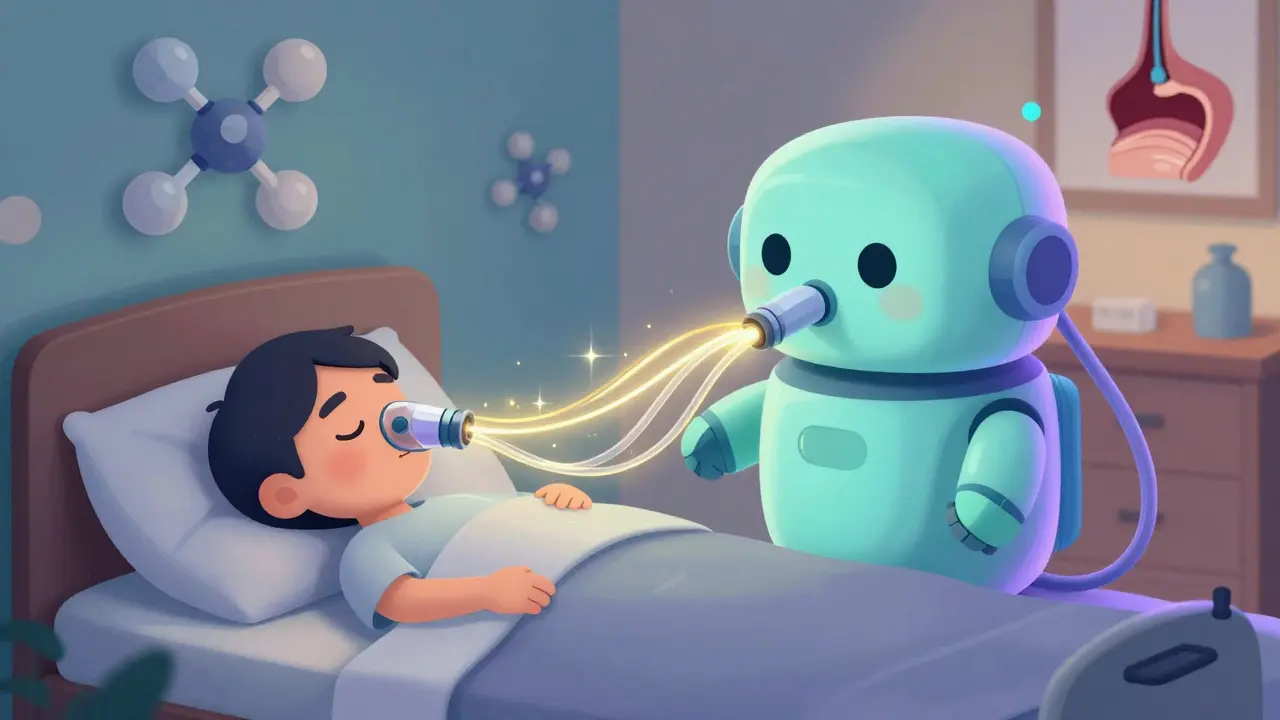 Cartoon-style CPAP machine beside sleeping person with airflow visualization