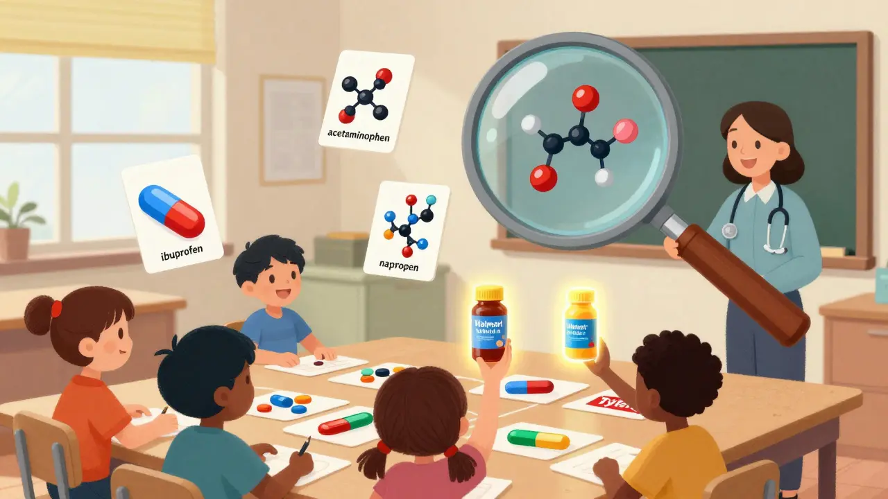 Children play a matching game with floating pills and ingredient labels, revealing identical molecular structures inside each.