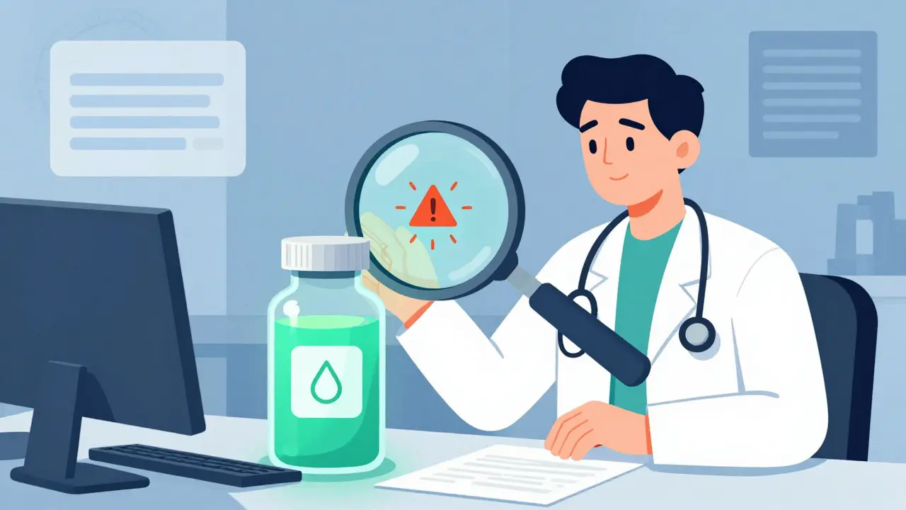 Doctor inspecting a medicine bottle with a glowing magnifying glass.