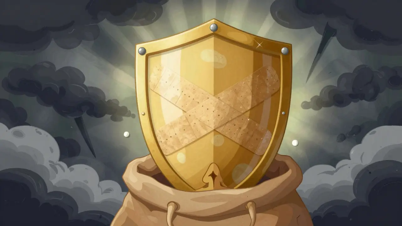 Golden shield protecting a figure from dark storm clouds surrounding them.