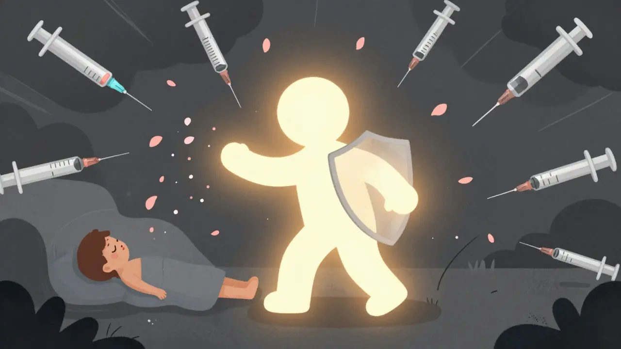 Guardian figure shielding patient from storm of tools with golden light