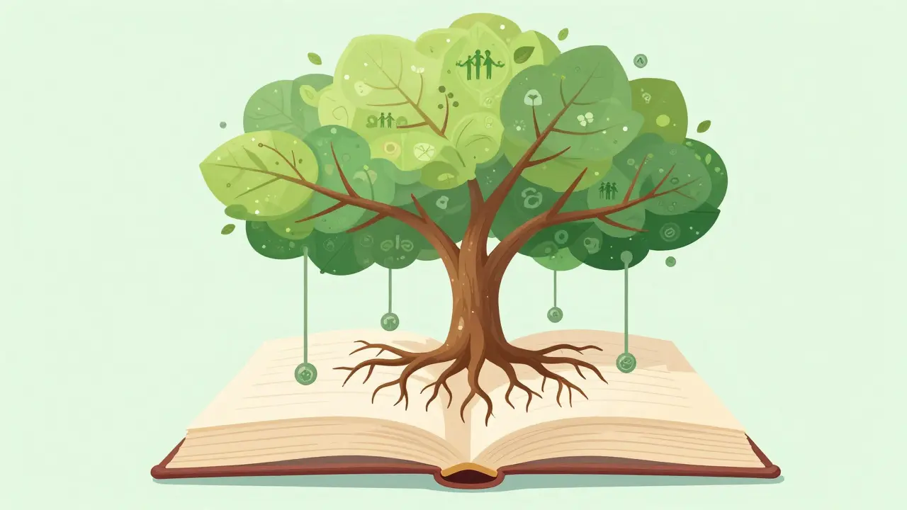 Organic tree structure rising from an open book symbolizing care planning