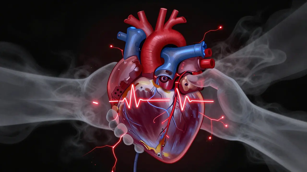 Abstract art of a heart as a mechanical pump being squeezed by smoky hands with electrical glitches.