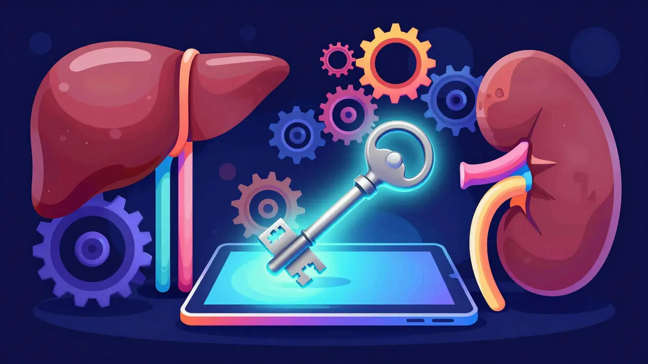 Abstract art of a single glowing tablet unlocking biological gears of the body.