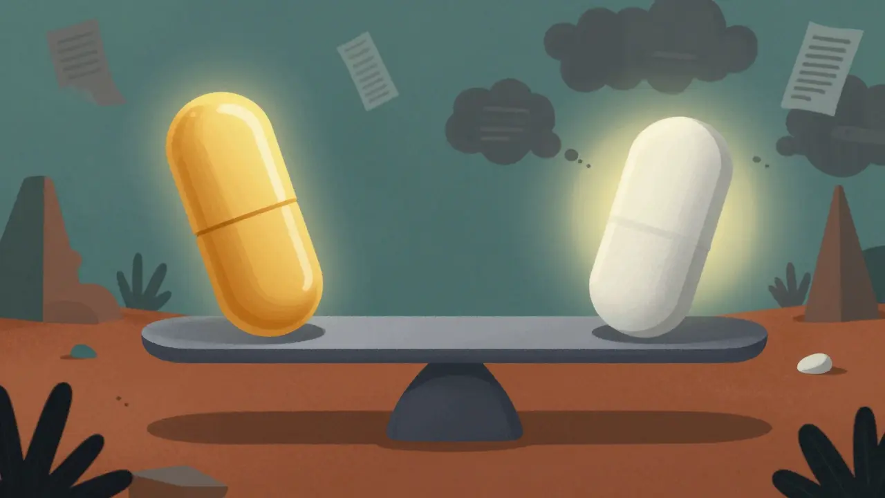 Abstract art showing a scale comparing a glowing brand-name pill to a generic pill