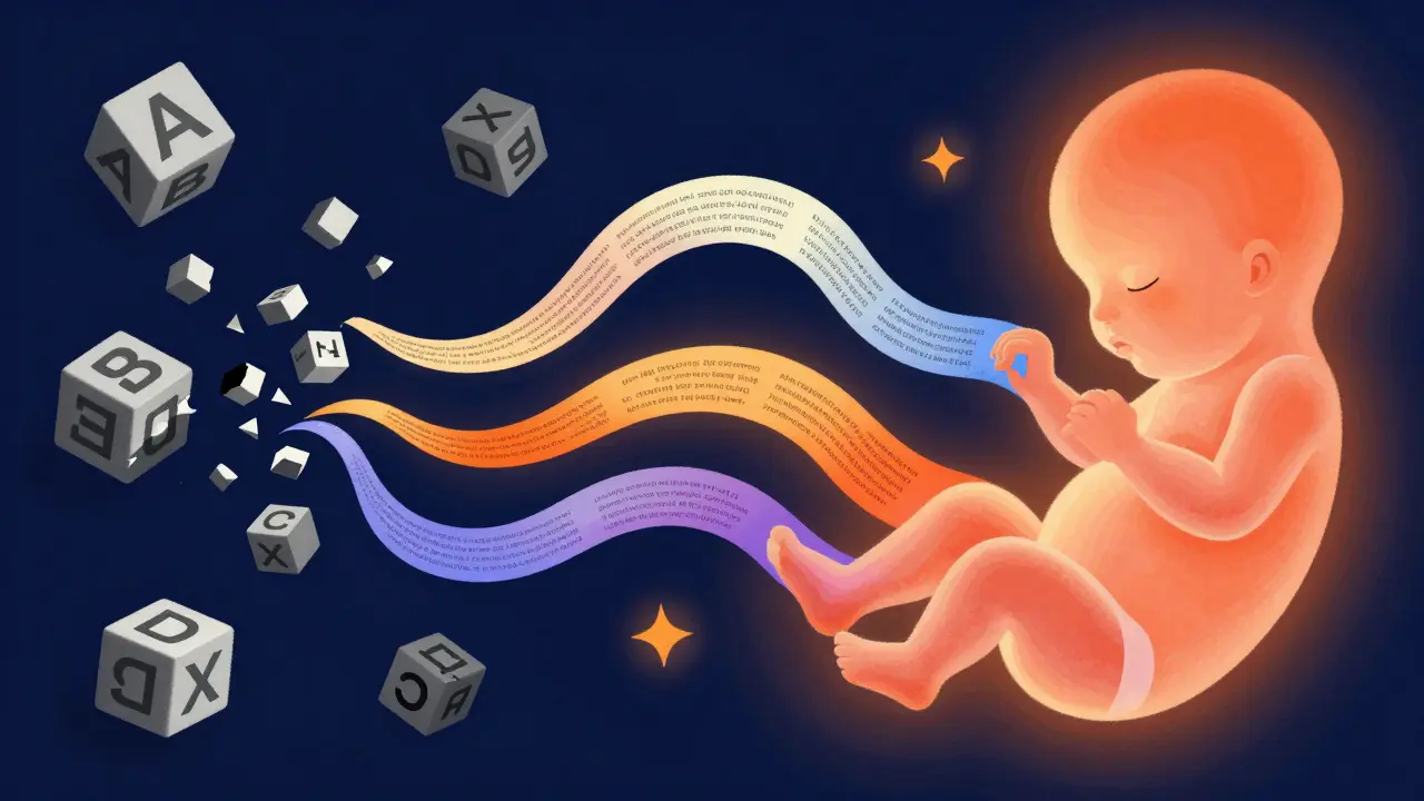 Abstract art showing grayscale letter blocks transforming into colorful ribbons of medical information.