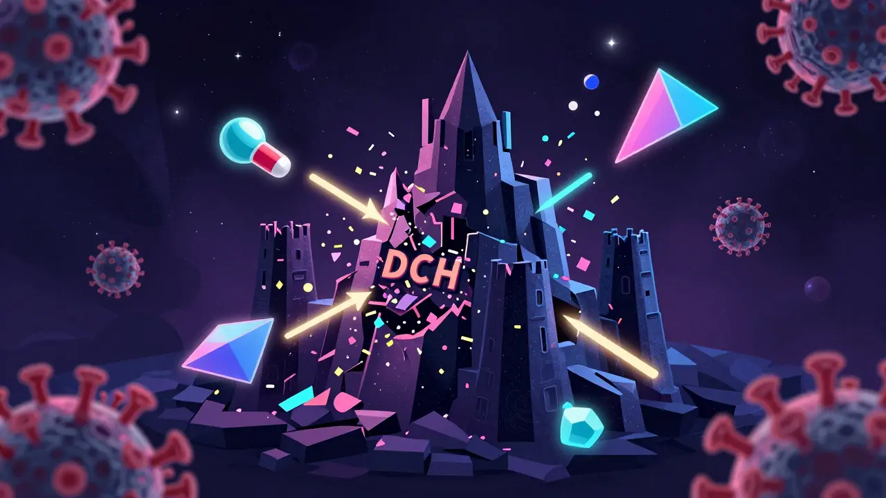 Abstract artwork of colorful geometric shapes dismantling a dark viral fortress.