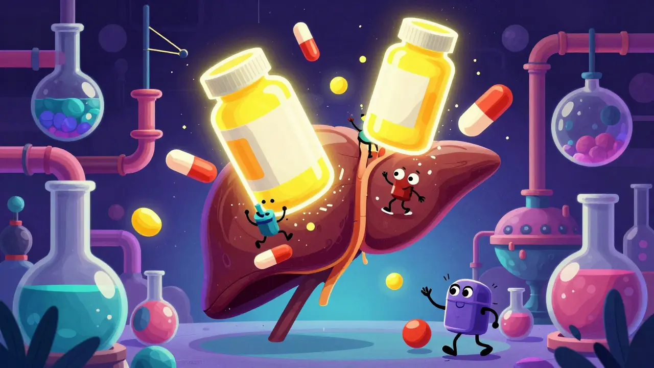 Abstract cartoon of a liver as a chaotic lab with personified enzymes and glowing pills.
