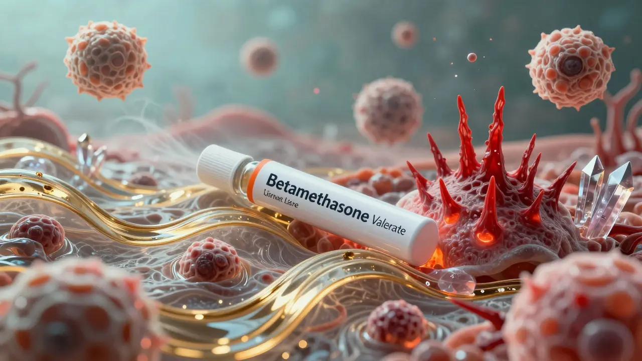 Abstract illustration of gold ribbons calming red inflammatory spikes in a surreal skin cell garden