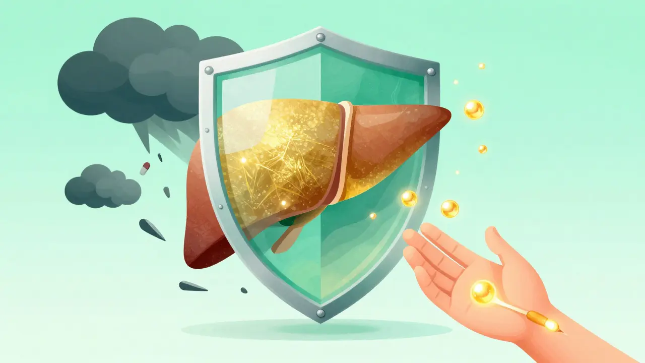 Abstract scene showing a glowing shield protecting a liver from gray shards with golden B6 bubbles.