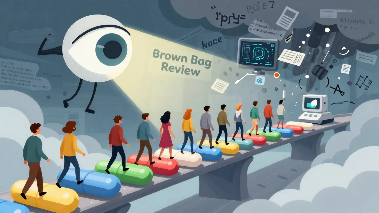 Illustrative bridge of color-coded pills leading people away from complex medical text